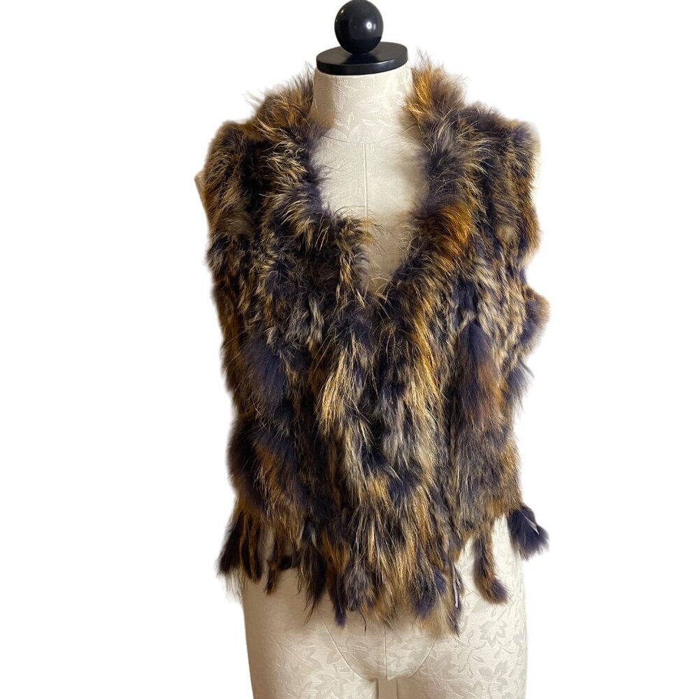Adore Womens Vest Size Small Brown Racoon Rabbit Fur Knit Fringe Casual